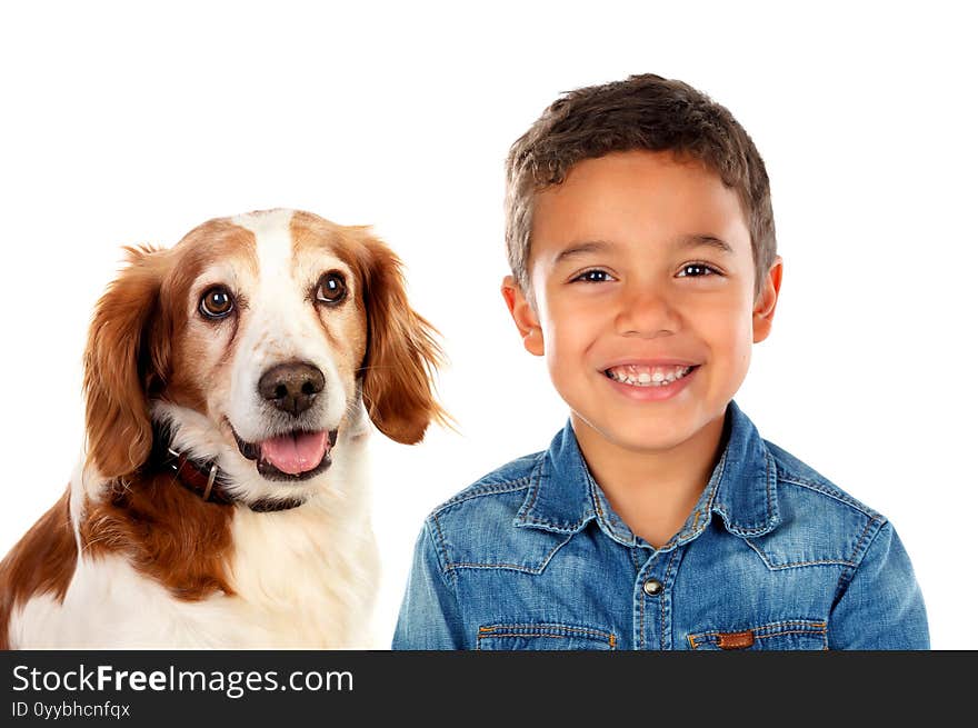 Two friends looking at camera. A child and his dog isolated on a white background