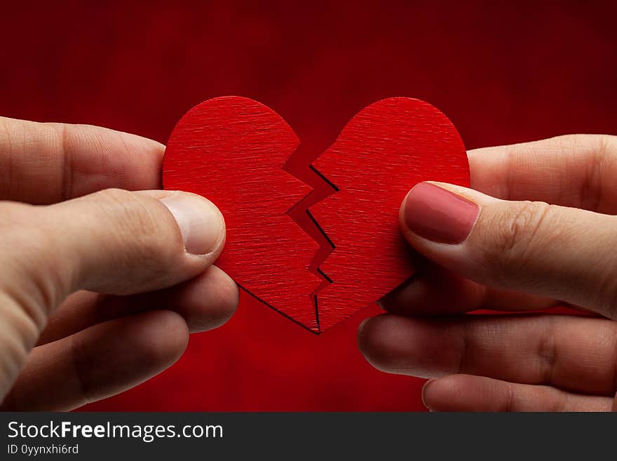 Man And Woman Break Off Relationship. Broken Heart. Crack In The Red Heart, Breaking The Relationship