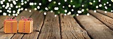 Christmas Banner Background,  Gifts On Old Wooden Table, Bokeh Lights Stock Photography