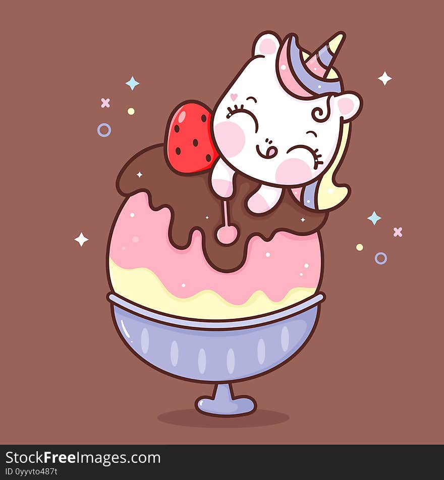 Cute Unicorn Cartoon Sweet Dessert Yummy Ice Cream Pony Child Vector