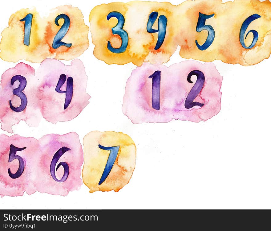 Watercolor Illustration Of Multi-colored Numbers.