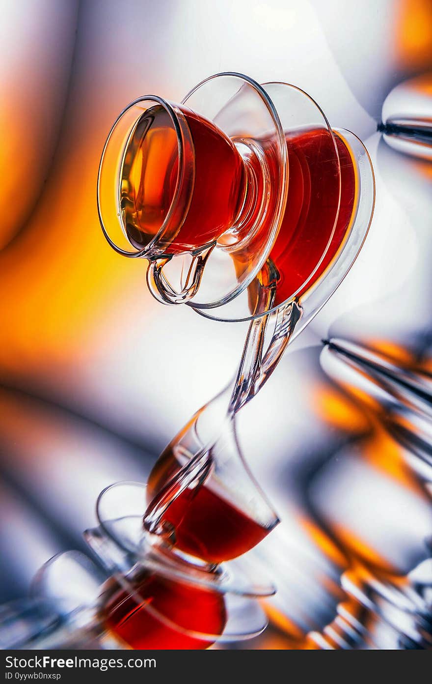 Cup of tea with beautiful reflection on colored background1