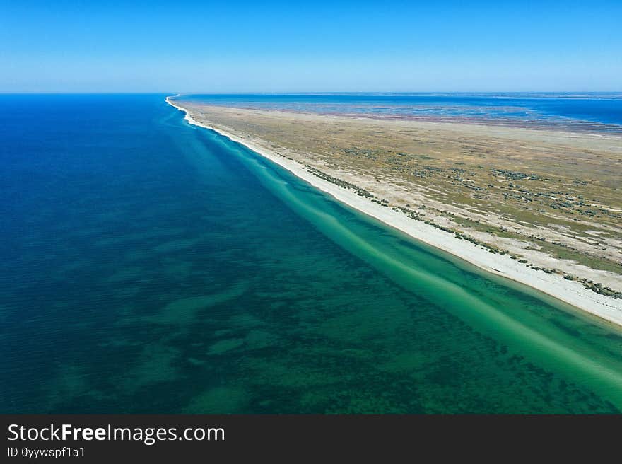 Aerial panorama of the sea paradise of Dzharylhach island in the black Sea