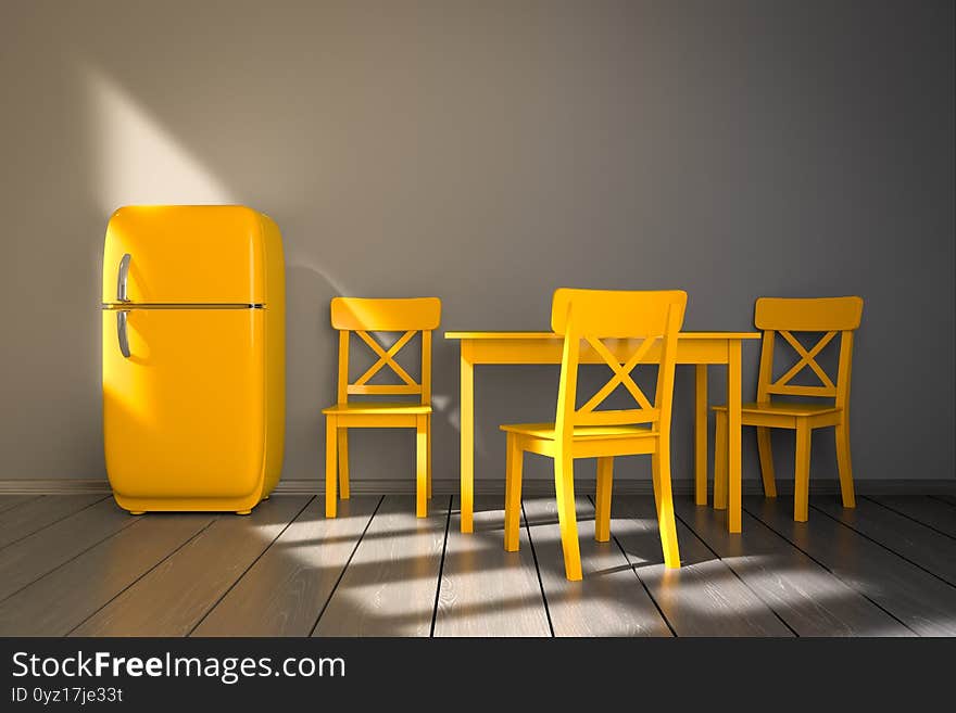 minimal retro yellow kitchen mockup yellow refrigerator yellow furniture