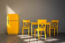 Minimal Retro Yellow Kitchen Mockup Yellow Refrigerator Yellow Furniture Stock Photos