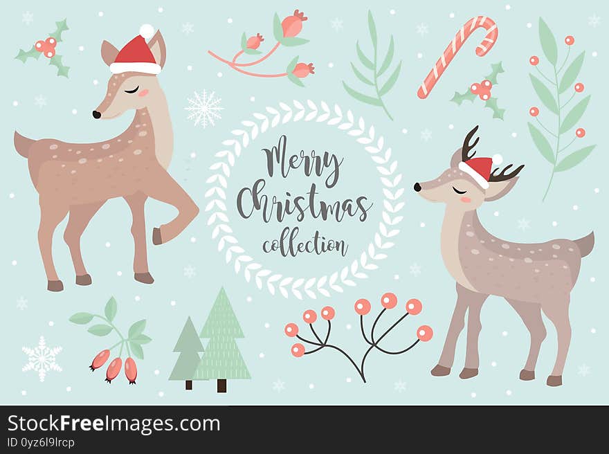 Merry christmas postcard. Cute fawn in the winter forest set of objects. Collection of design elements with a little