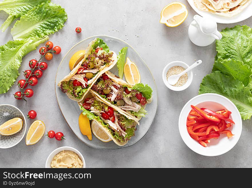 Tacos With Chicken Meat, Salad And Vegetables