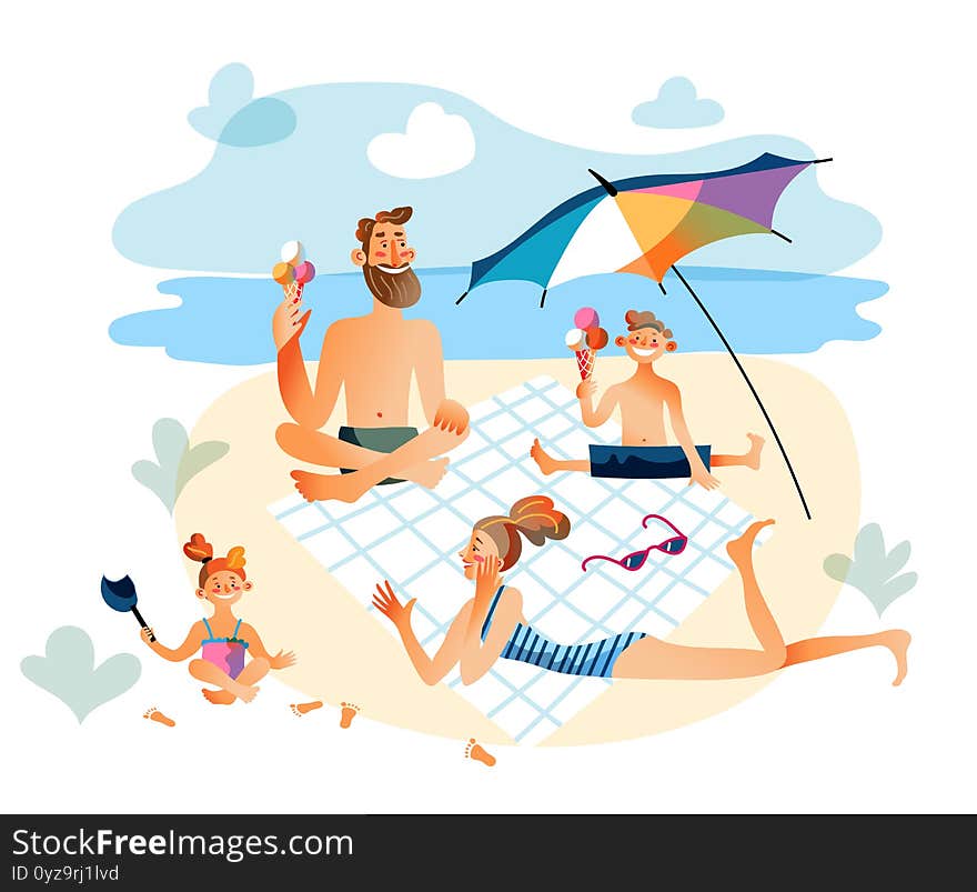 Parents and children at beach picnic, eating ice cream. Dad, mom, son and daughter pastime at summer sea vacation. Vector character illustration of family activity recreation, parenthood, childhood