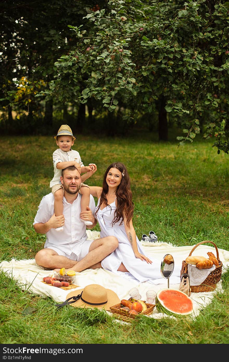 Loving parents with their son at picnic.