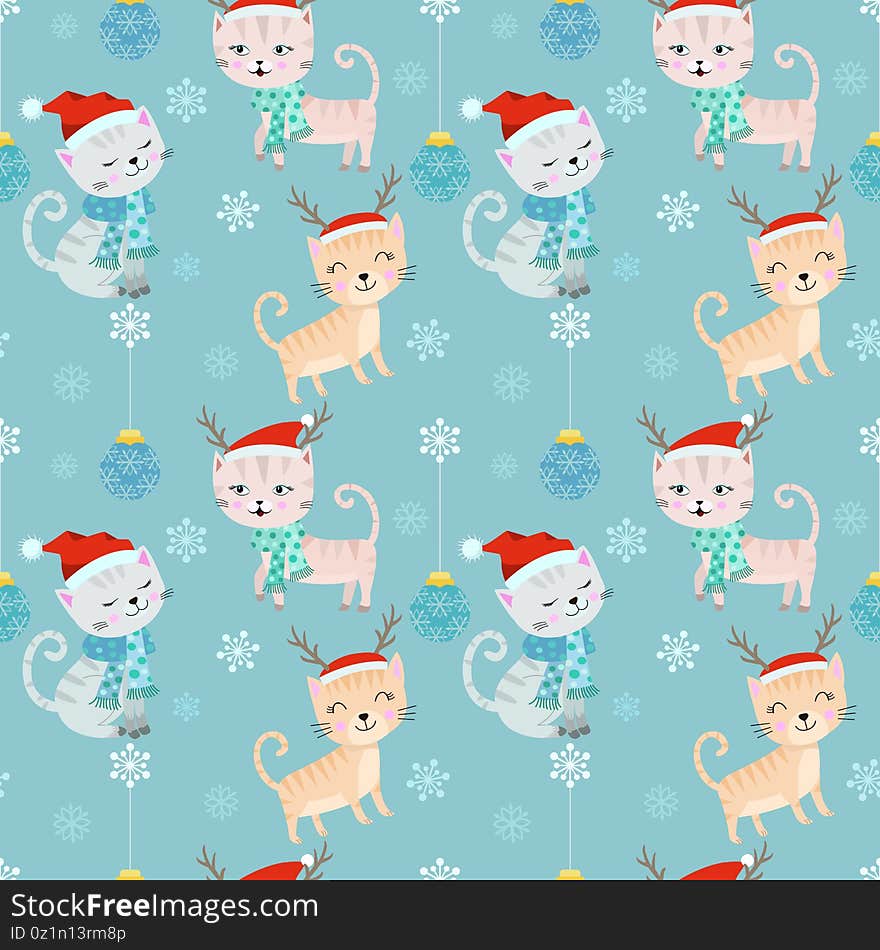 Cute cartoon Christmas cat seamless pattern.