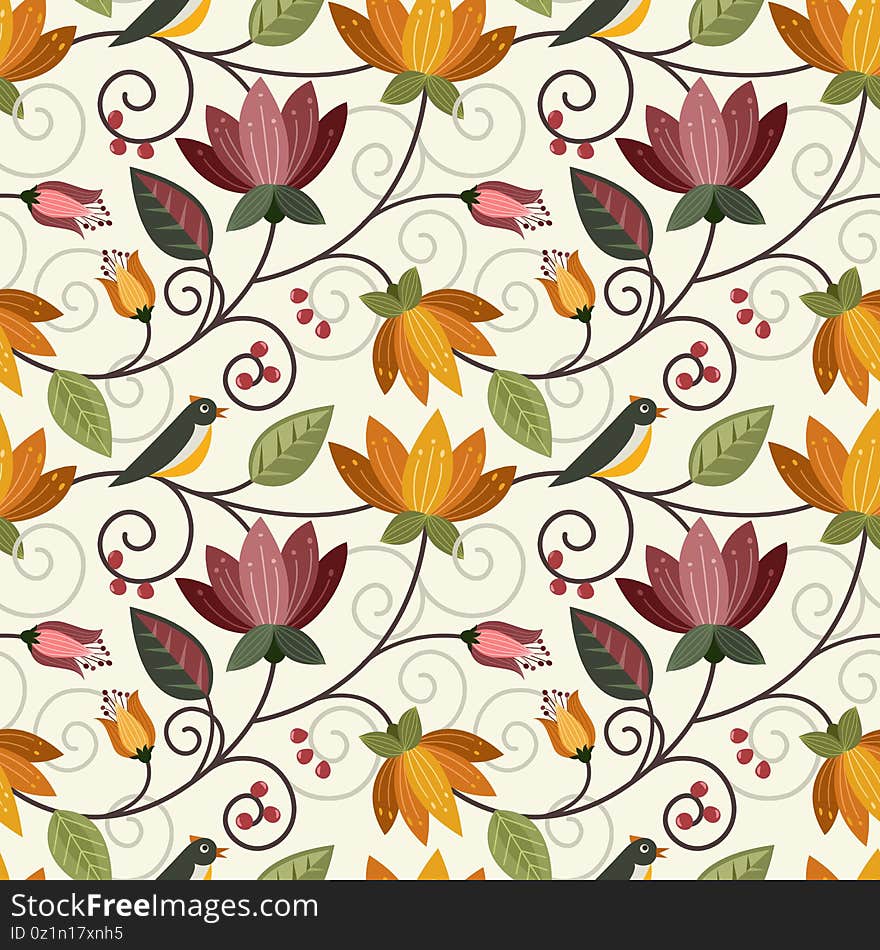 Vector design flowers and bird seamless pattern.