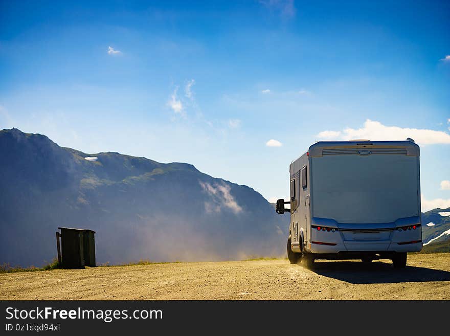 Camper car on roadside in norwegian mountains