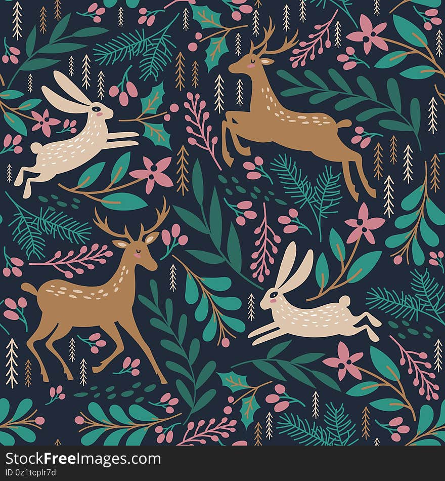 Seamless pattern with deer and rabbit. Winter background. Vector