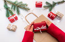 Gift Hand Package White Background Red Bag Delivery Christmas Tree Royalty Free Stock Photography