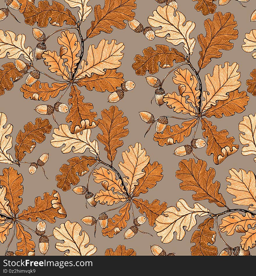 Branch tree of oak with acorns on gray background. Composition made in color pencils for fabric. Seamless pattern  for decorations.