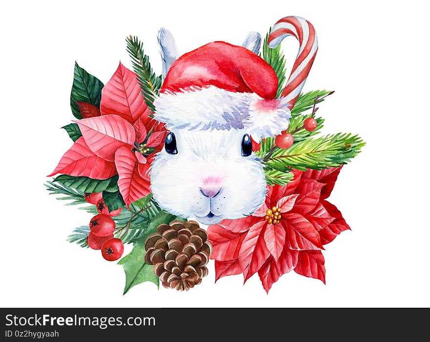 Bunny in a hat. Greeting card. Christmas composition on isolated background, watercolor drawings.