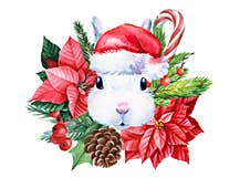 Bunny In A Hat. Greeting Card. Christmas Composition On Isolated Background, Watercolor Drawings. Stock Photography