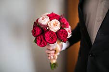 Bride Hands With Wedding Beautiful Bouquet Close-up Stock Photos