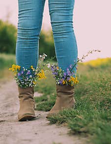 Female Legs In Jeans High Boots With Inserted Flowers On The Road In The Field Royalty Free Stock Photography