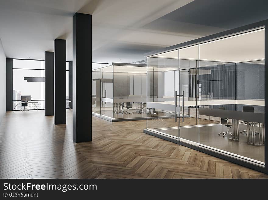 Luxury office interior with glass wall