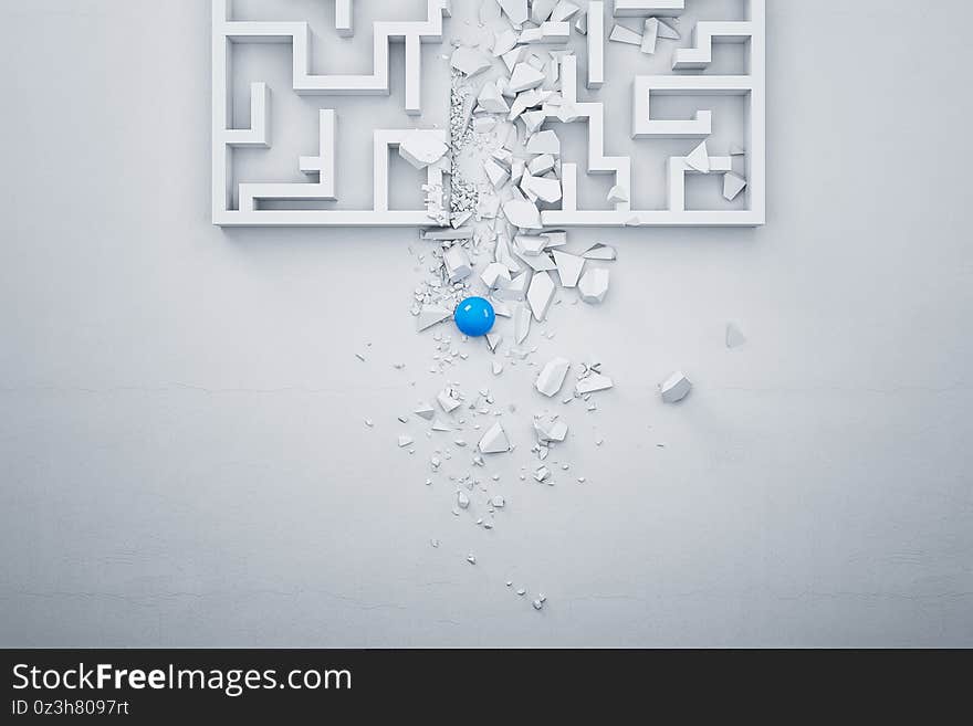 Top view of blue ball breaks white maze