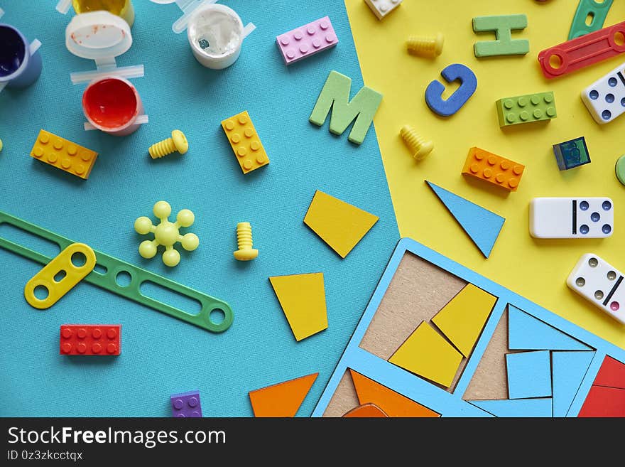 School supplies, stationery space for caption. Back to school concept. School, education and learning concept. creativity for kids. Top view colorful background.