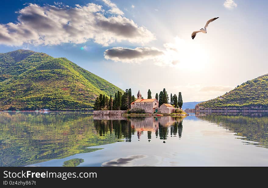 Island of Saint George by the coast of Perast in the Bay of Kotor, Montenegro