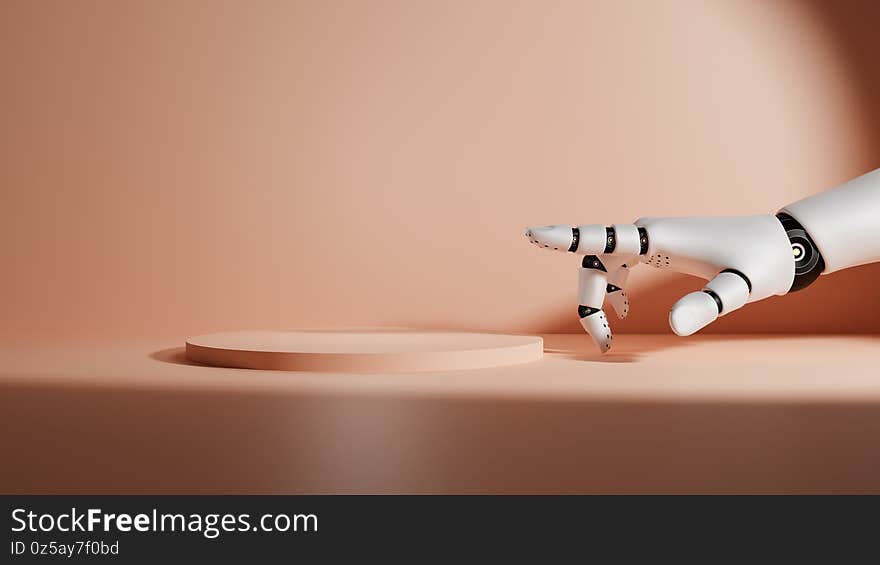 Robotic hand points to empty podium or stand. Pastel background