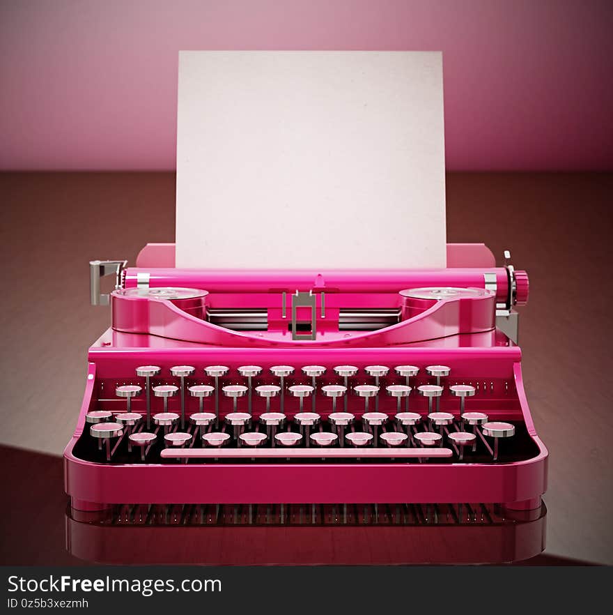 Pink vintage typewriter with a blank paper on wooden table. 3D illustration.