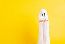 Little Cute Child With White Dressed Costume Halloween Ghost Scary Royalty Free Stock Images