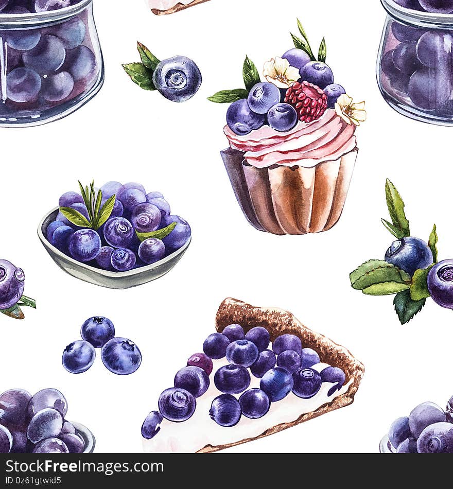 Blueberry. Seamless patterns. Watercolor botanical illustration. Hand drawn watercolor painting blueberry on white