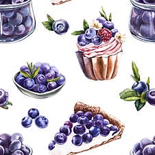 Blueberry. Seamless Patterns. Watercolor Botanical Illustration. Hand Drawn Watercolor Painting Blueberry On White Royalty Free Stock Photo