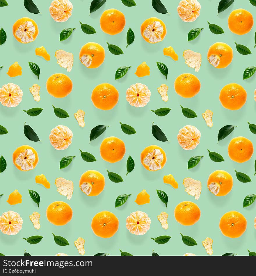 Mandarine seamless pattern, tangerine, clementine isolated on green background with green leaves. Collection of fine seamless