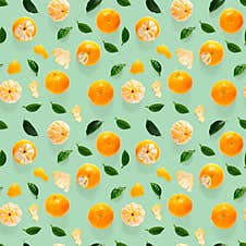 Mandarine Seamless Pattern, Tangerine, Clementine Isolated On Green Background With Green Leaves. Collection Of Fine Seamless Stock Images