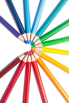 Circle Or Semicircle Of Colored Sharp Pencils Spouts In The Center On A White Isolated Background Royalty Free Stock Photography