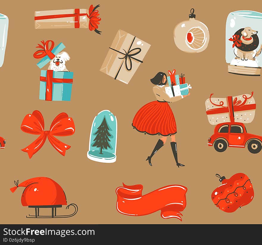 Hand drawn vector abstract fun stock flat Merry Christmas,and Happy New Year time cartoon festive seamless pattern with cute illustrations of Xmas retro gift boxes isolated on color background.