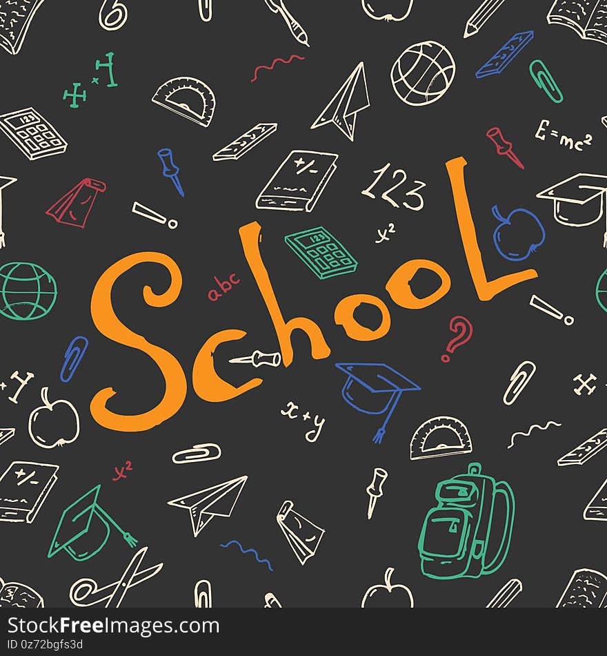 Vector illustration background on a school theme.  Set textbook, pencil, apple, notebook, pen, globe, ruler seamless pattern. Seamless pattern on a school theme. Vector illustration background on a school theme.  Set textbook, pencil, apple, notebook, pen, globe, ruler seamless pattern. Seamless pattern on a school theme.