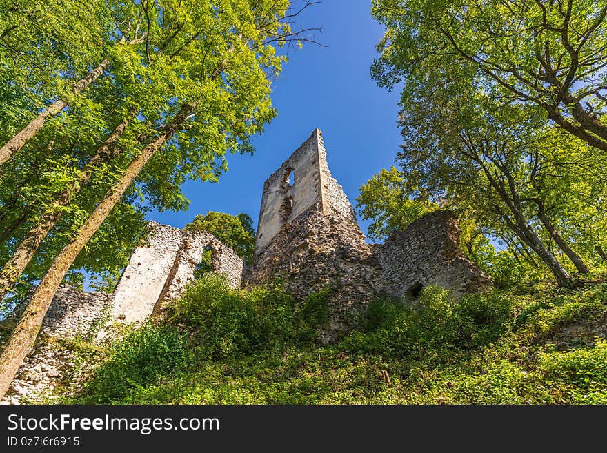 Dobra Voda castle ruins in the forest, Slovakia