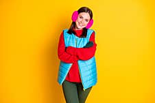 Photo Of Positive Cheerful Girl Cross Hands Enjoy Spend Winter Holidays Weekend Wear Season Clothes Isolated Over Bright Royalty Free Stock Image