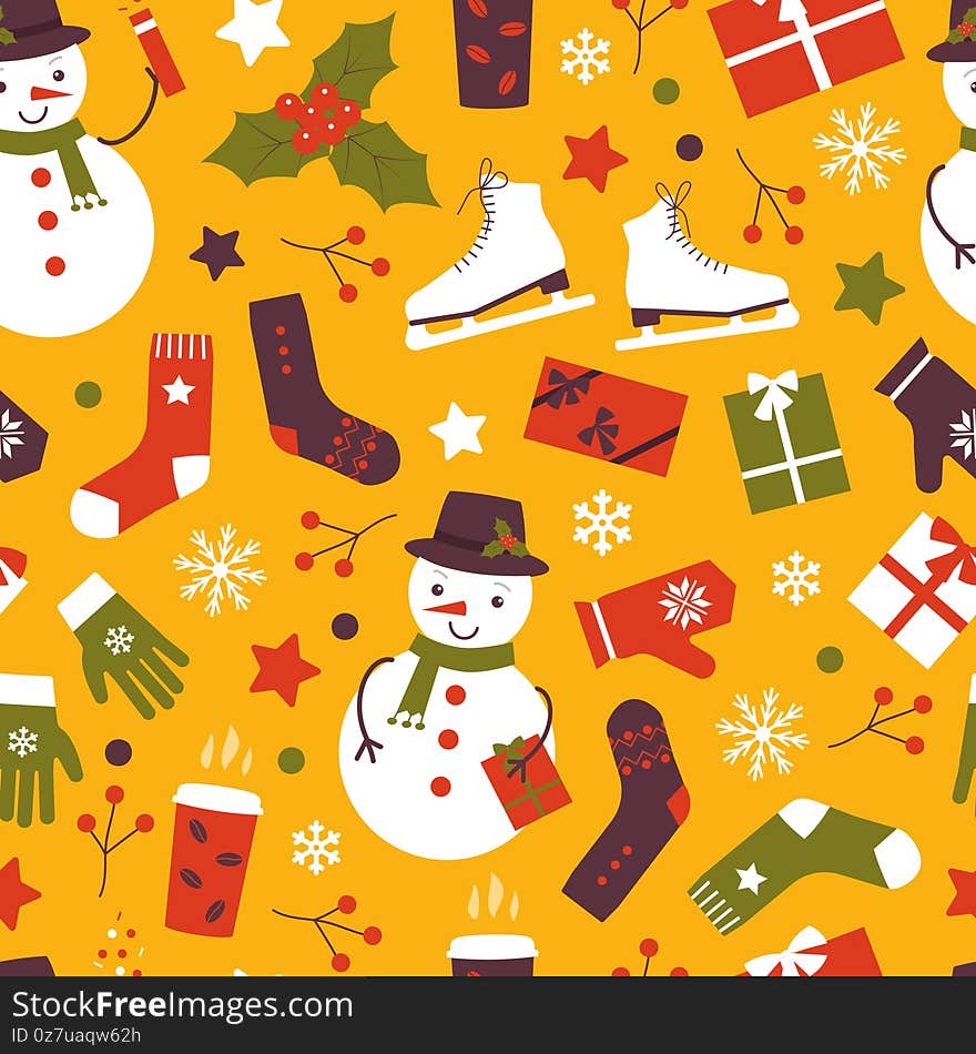 Merry Christmas Flat Vector Pattern. Snowman and Socks. Gifts and Stars