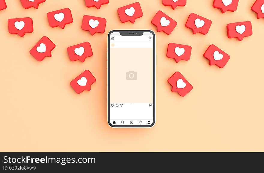 Social media post mockup with phone on a beige background surrounded by like notifications. 3D rendering. Social media post mockup with phone on a beige background surrounded by like notifications. 3D rendering