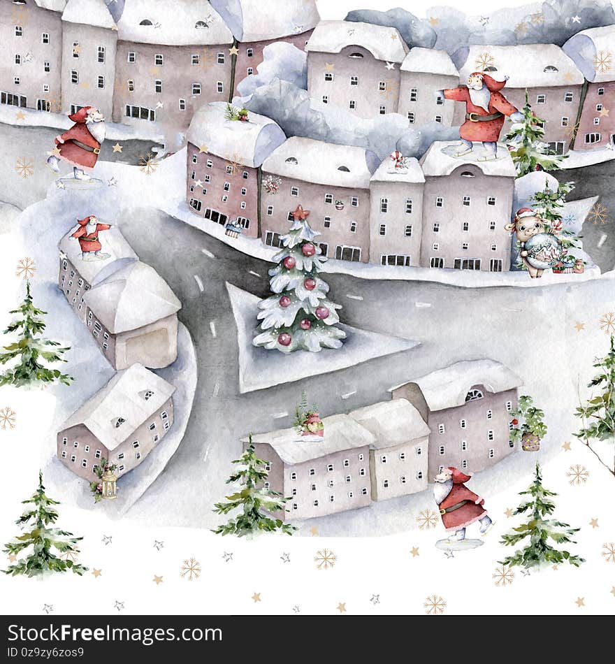 Happy Christmas in the city square around santa and tree under the snow. Hand drawn winter isolated illustration