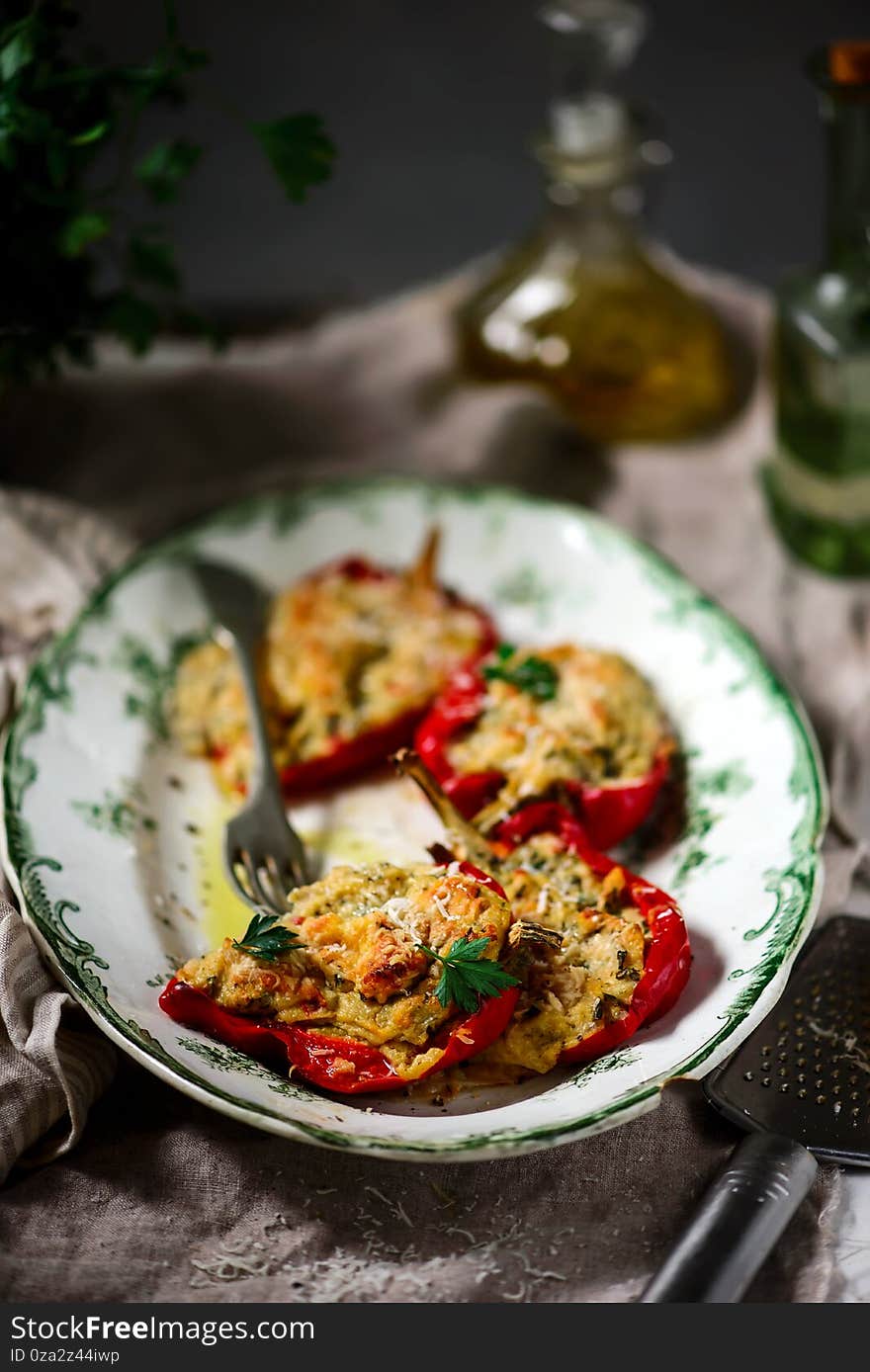 Bell peppers stuffed with spaghetty..style rustic.selective focus. Bell peppers stuffed with spaghetty..style rustic.selective focus