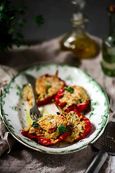 Bell Peppers Stuffed With Polenta. Selective Focus Stock Photos