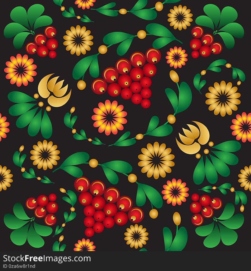 Seamless pattern of red rowan berries with green leaves.Khokhloma russian folk pattern, ethnic style background.Vector graphics for design and decoration.