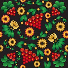 Seamless Pattern Of Red Rowan Berries With Green Leaves.Khokhloma Russian Folk Pattern, Ethnic Style Background Stock Photo