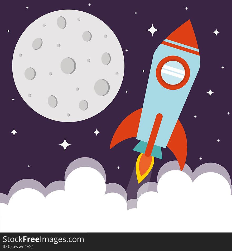 Space rocket with moon and clouds on starry background vector design