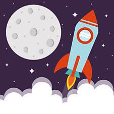 Space Rocket With Moon And Clouds On Starry Background Vector Design Stock Image