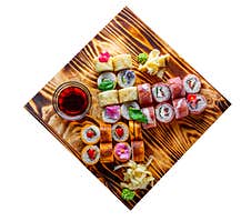 Set Of Sushi Roll With Salmon, Avocado, Cream Cheese, Cucumber, Rice, Caviar, Eel, Tuna In Wooden Plate Isolated On White Stock Photos