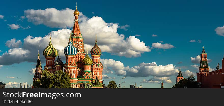 Panorama of Red Square in Moscow city center, beautiful view of old St Basil’s Cathedral and Kremlin in summer